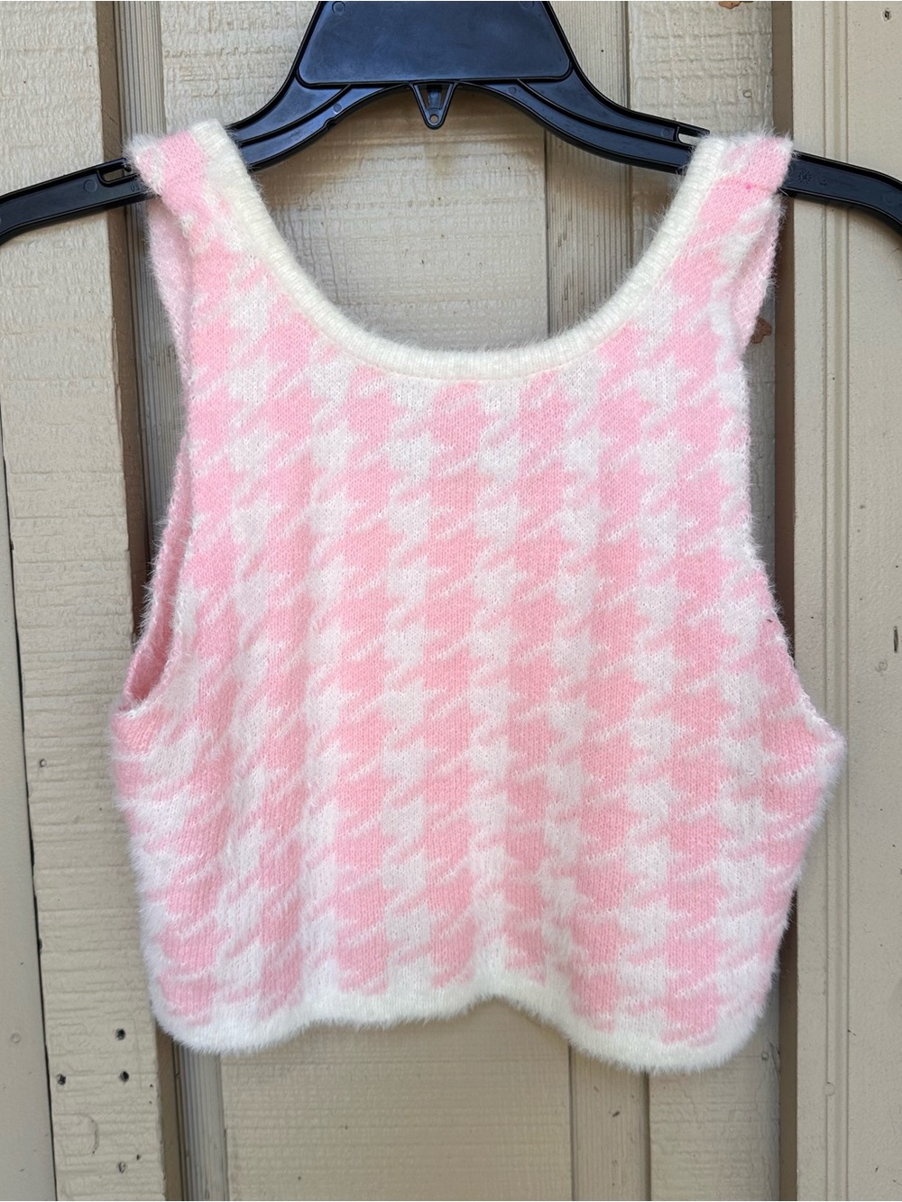Pink Houndstooth Fuzzy Knit Cropped Tank Top Size Small